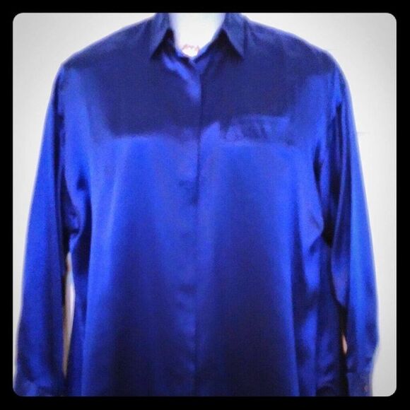 #153 Saks Fifth Avenue Silk long Royal Blue Tunic Top - Picture 2 of 8